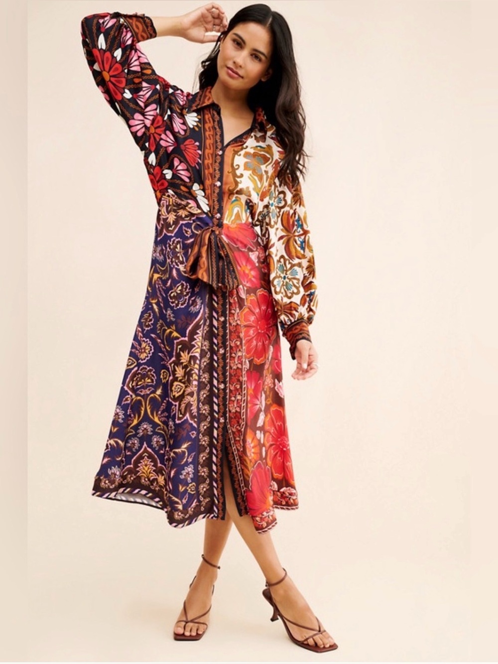 Farm Rio Miranda Long Sleeve Floral Faux Wrap Midi Dress Small Chemise